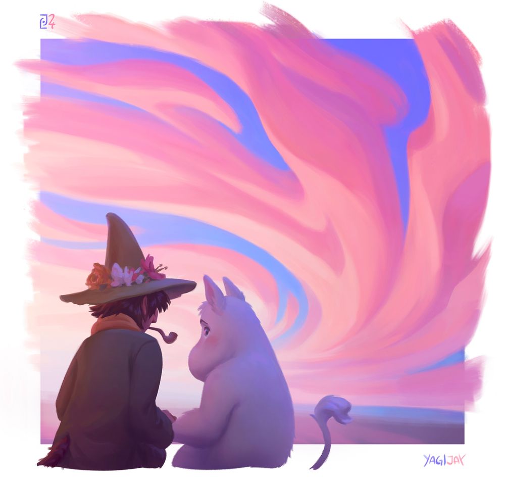 A painting of Moominvalley characters, Snufkin and Moomin, sitting together under a sky of vibrant clouds.