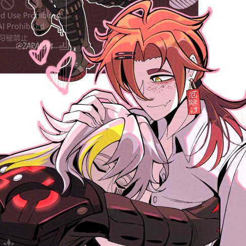 A simple, rendered drawing featuring the character Reg (the redhead) giving Roland headpats while he rests against his chest. 