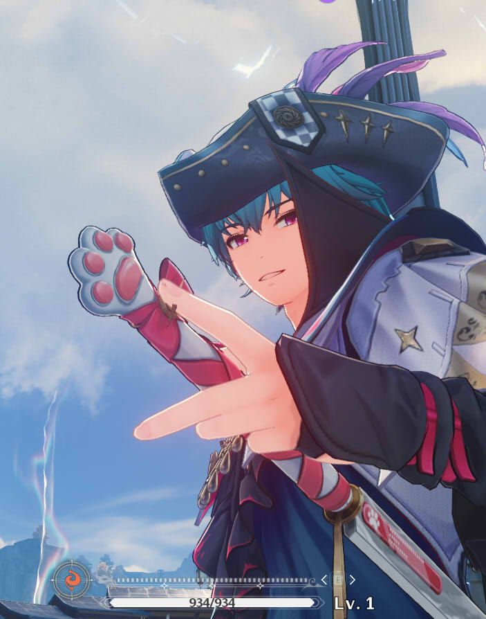 A screenshot cropping from the game Wuthering Waves, showing the new limited character "Brant" suggestively touching the Kitty sword #zaralla1rambles   