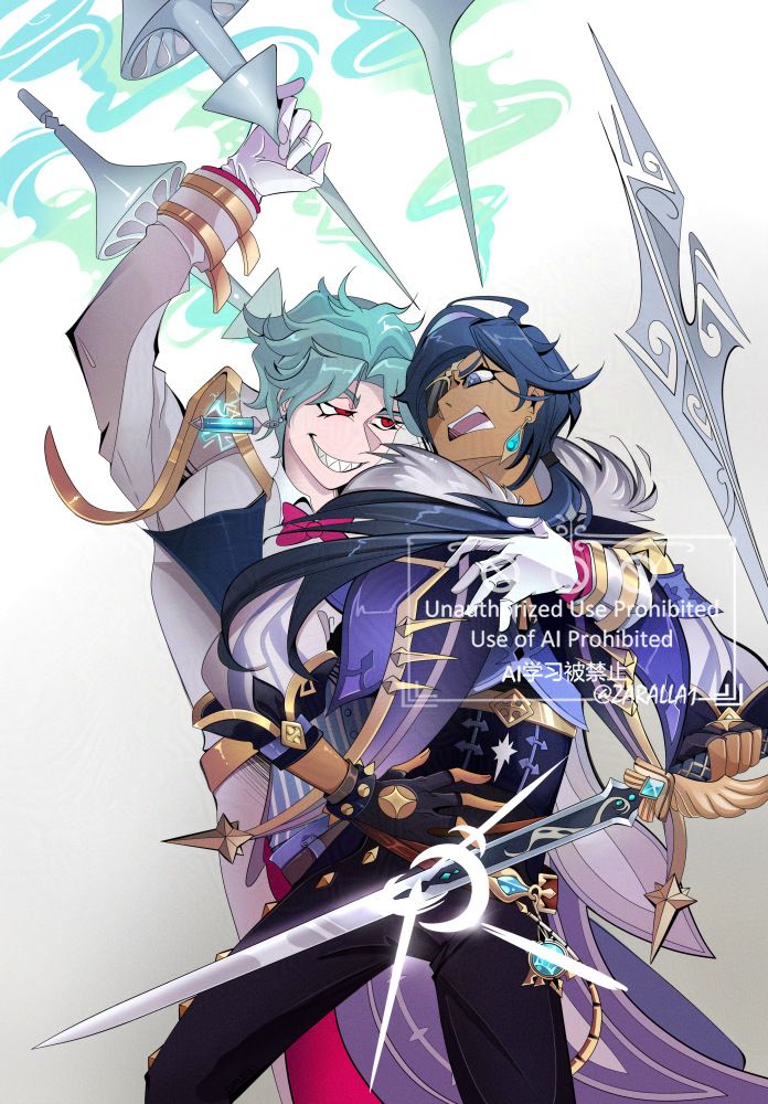 A half-body sized, fully rendered drawing featuring the characters Dottore (in his old design) and Kaeya from Genshin Impact in a deadly dance. It looks as though Dottore is grabbing Kaeya, while the cavalry knight brandishes his sword #zaralla1draws