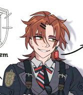 a small, profile-sized snippet from a character ref sheet, showing a red-haired guy with olive eyes and gray suit wearing red yaku-yoke charm as an earring. He also has a scar on his neck, and wears two hairpins in his long bangs that fall on his face. He also wears a striped navy, white and red lavallière around his neck. #zaralla1rambles   