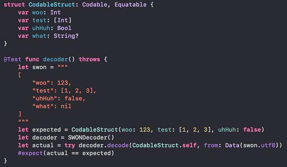A screenshot of a Swift test. It shows a struct called CodableStruct and a test function that parses a Swift dictionary written out as a string and then decodes it into an instance of CodableStruct.