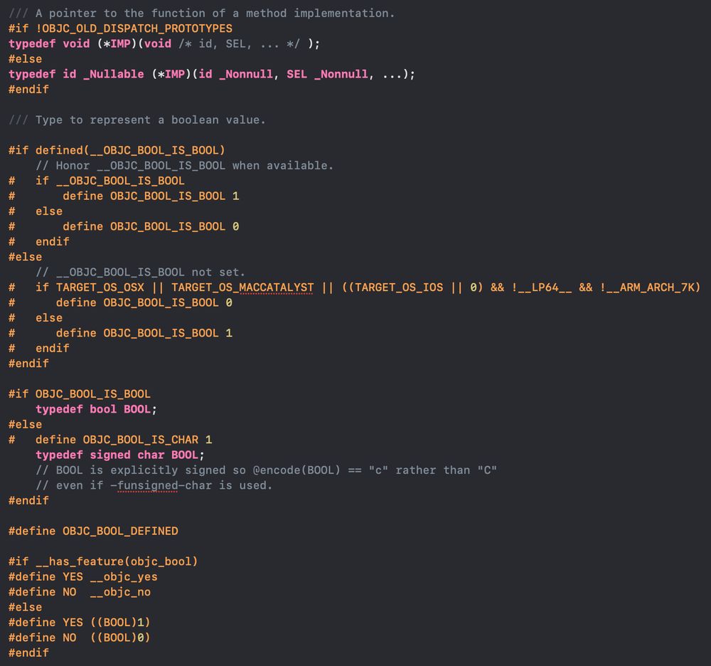 A screenshot of ObjC.h showing the definition of method prototypes and the historical progression of OBJC_BOOL_IS_BOOL and OBJC_BOOL_IS_CHAR