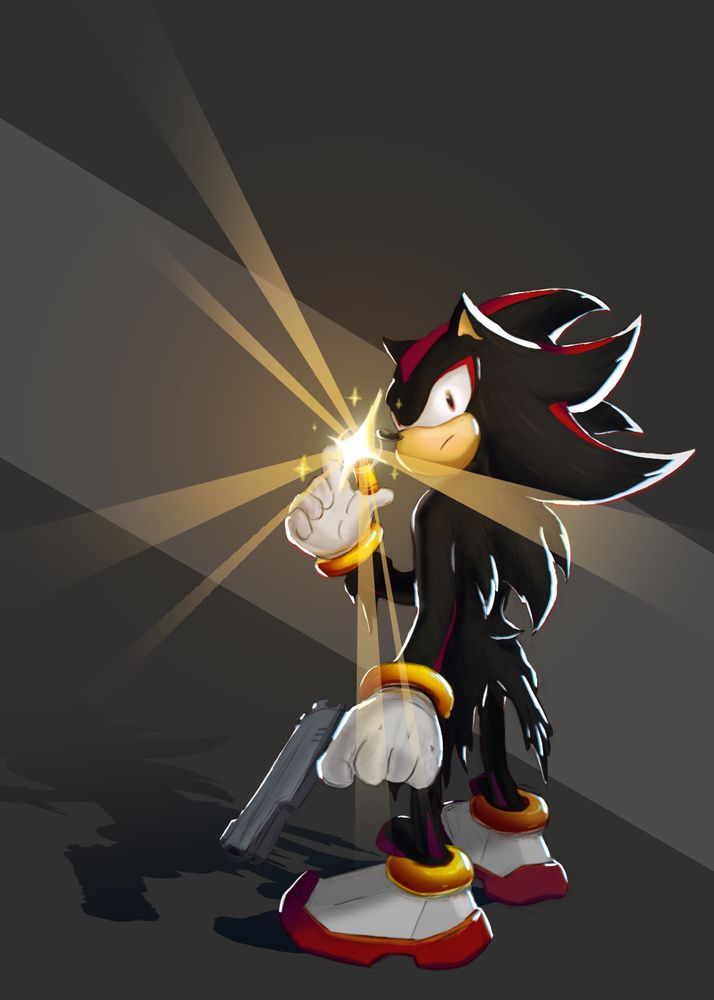 Shadow the Hedgehog holding a bullet and gun