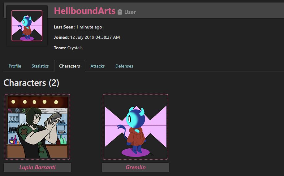 My Art Fight account for team Crystal. my OCs Gremlin and Lupin are currently the only two on there for now