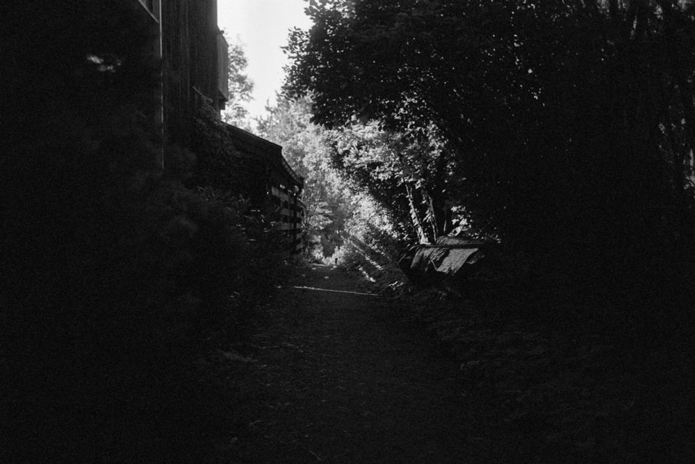 A path along a house, surrounded by trees and bushes. Shadow close to the camera, bright sun further along the path. Black and white.