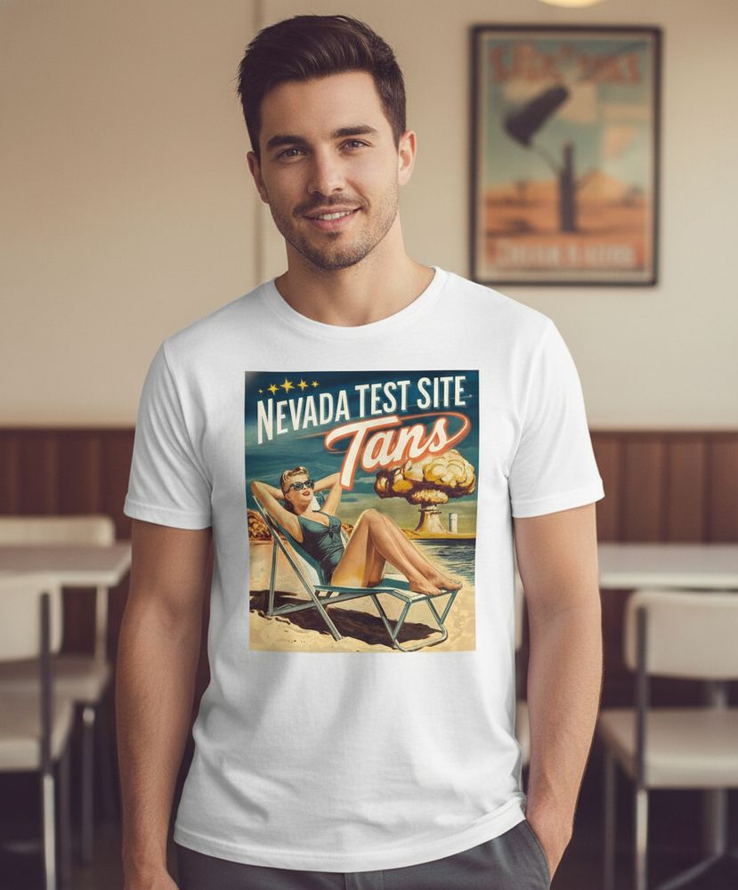 Get an atomic tan! ☢️ Hilarious, fake vintage ad for Nevada Test Site tourism. Dark humor design.