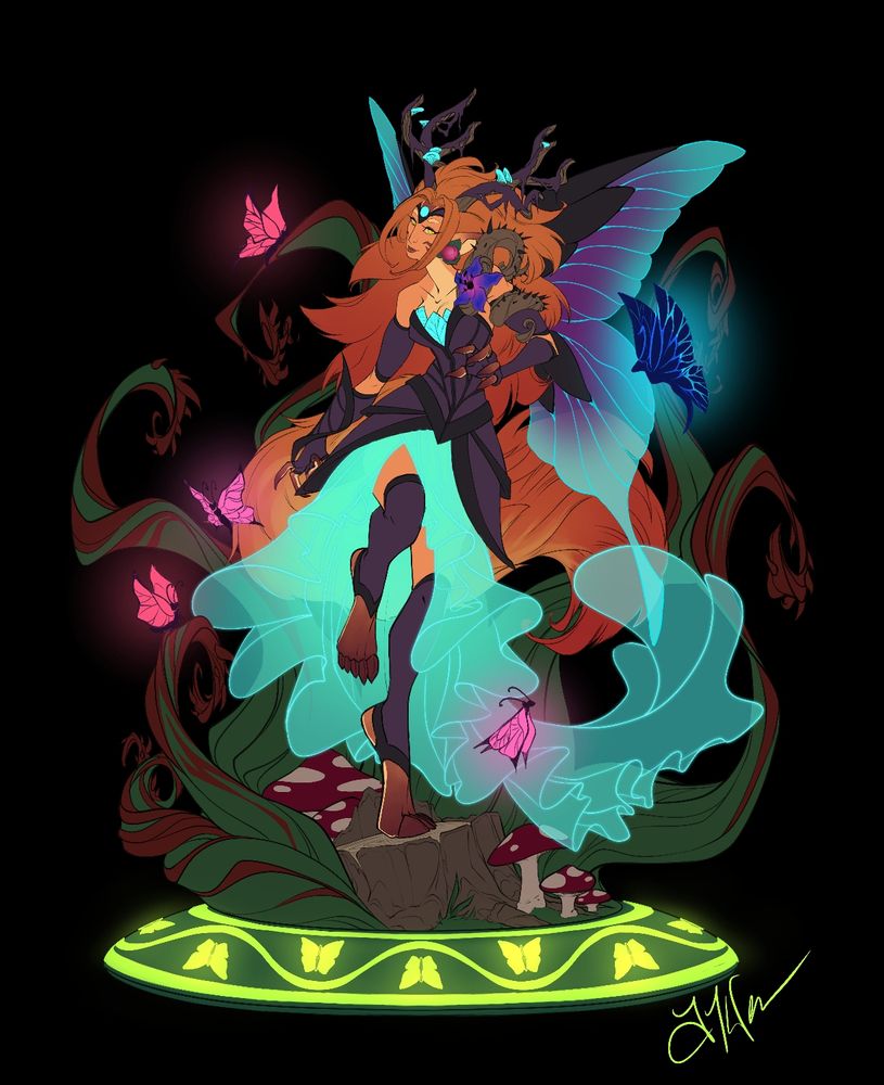 Digital art of Sylvie from the game Fellowship posed on a stump surrounded by vines and mushrooms. She is displayed almost like an action figure on a base, marked with the pattern of her Safe Haven ability. Sylvie is dressed in an alternate version of her high tier armor from the game, only changed to something more balanced and reflective of her origins and abilities. She is wearing cuffs/bracers/sleeves on her calves, forearms and biceps, with a corseted bodice in the same style (dark purple with black metal trim), while underneath we can see cyan leaves as a camisole and a flowing and transparent cyan skirt. Sylvie has her signature fox red mane of hair and bushy tail while sporting a flower bud as an earring. She has a tiara that matches the colors of her outfits and purple moss and cyan mushrooms hang from her antlers. Sylvie also has a viney shoulder armor  piece that wraps around her arm, with thorns that match the metal on her dress. On her back is a large pair of butterfly wings in matching colors. Her four pink butterflies and Bluey (a large blue butterfly) surround and fly around her. Sylvie is posed in contra posto, her right leg lifted off the ground as if to leap from the stump, and one arm is half-raised, as if getting ready to cast a healing spell on an ally.