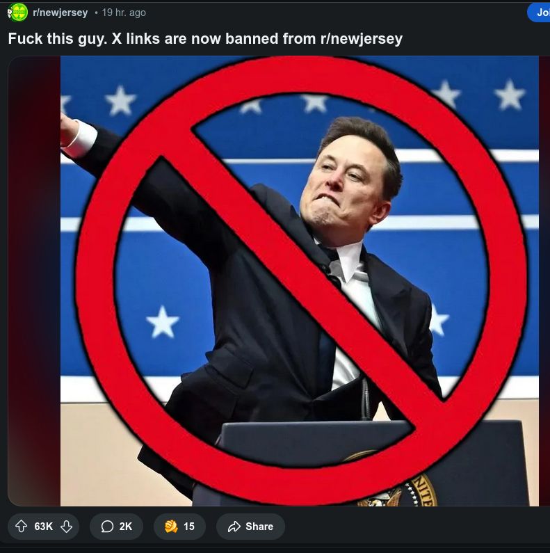 Screenshot of r/newjersey post saying "Fuck this guy. X links are anow banned from r/newjersey", over a picture of Elon Musk giving a Nazi salute, with a red circle-backslash "no" symbol over him.