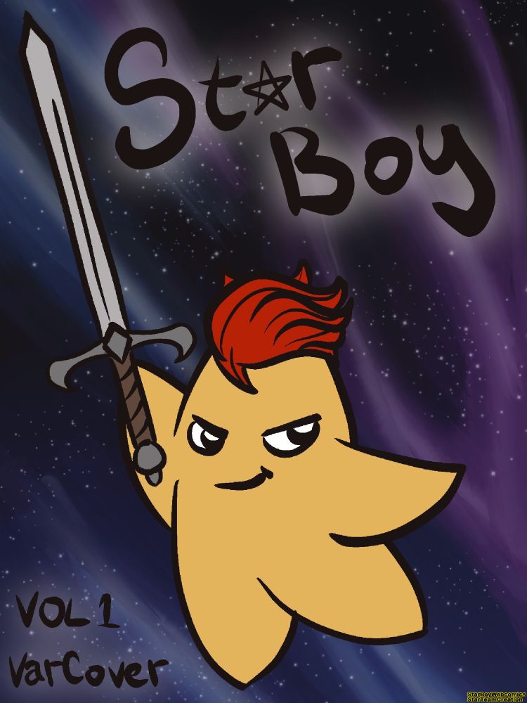 An alternate cover for a Star Boy comic posted by StarBoyWebcomics October 31, 2025. On a background of a starry night sky is Star Boy, a star with swooshy red hair, holding a big sword, and wearing a confident smirk. At the top is the title “Star Boy” with a star in the place of the a. In the bottom left corner it says, “VOL 1 Var Cover”. Art by Ruby Ocean Studio.