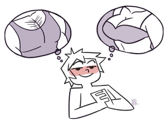 Tirinha de uma pessoa reclinada e feliz, pensando em peitos masculinos e femininos 