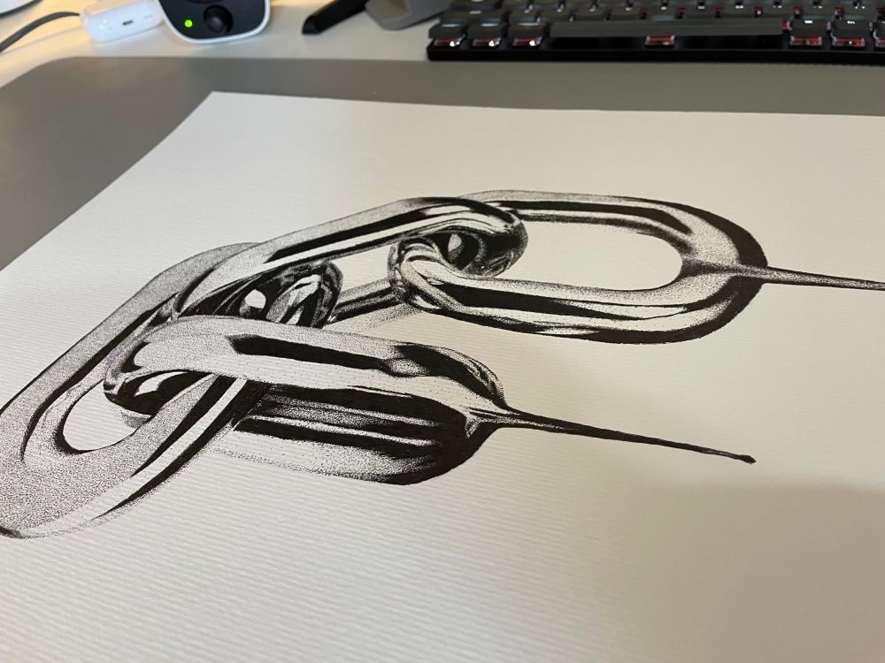 Desenho de elos de corrente, 2 deles estão derretendo; feito em pontilhismo 