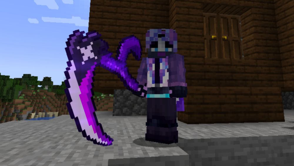 A screenshot of my skin, based around my sona’s Deltarune Dark World design
holding a netherite sword that was also retextured to be the same design’s scythe weapon named “Dissect.”