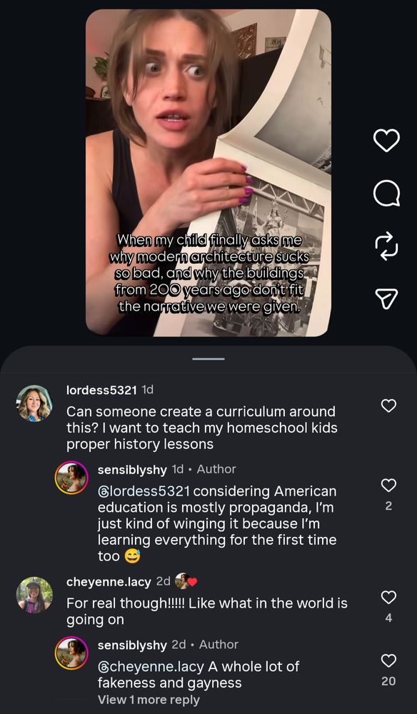A woman saying she is going to tell her child about why buildings from 200 years ago look better. One of the comments is a woman asking if someone can make a homeschool curriculum about it. I am so tired.