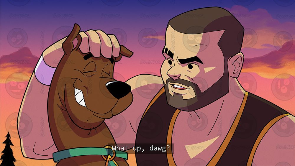 A fake screenshot of Eddie Kingston petting Scooby Doo saying "What up, dawg?"