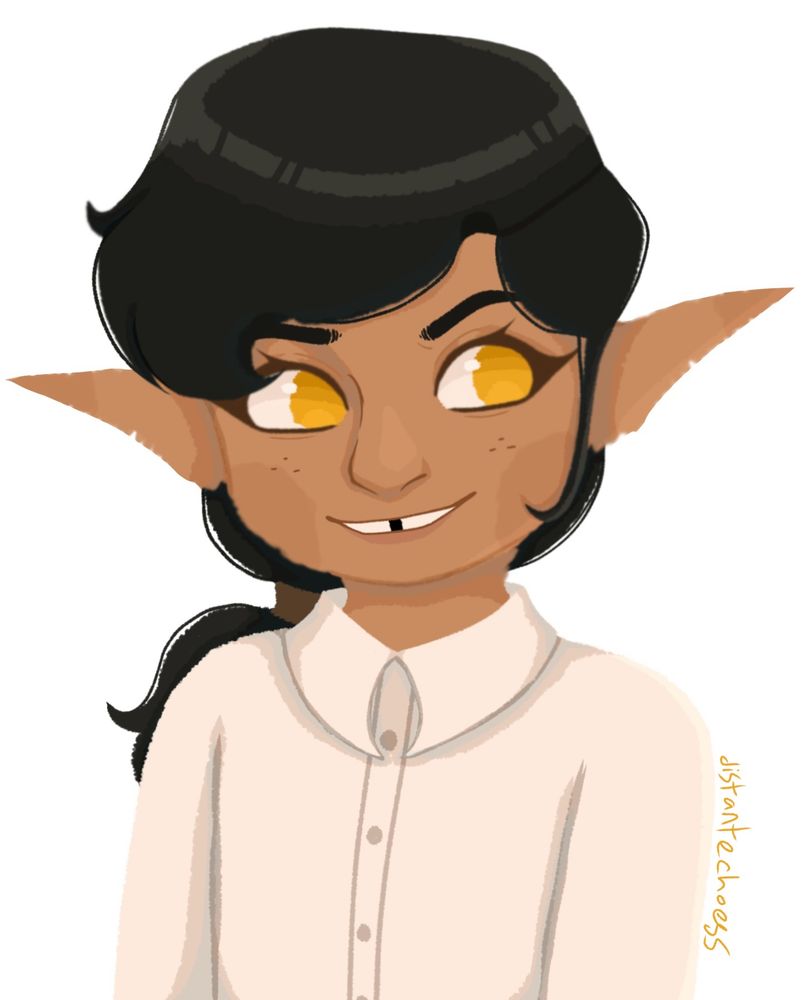 A drawing of a male high elf with tan skin, yellow eyes, freckles and a gap between his two front teeth. He has black hair that goes a bit past his shoulders, tied back into a low ponytail. He wears a plain white button-up shirt. 