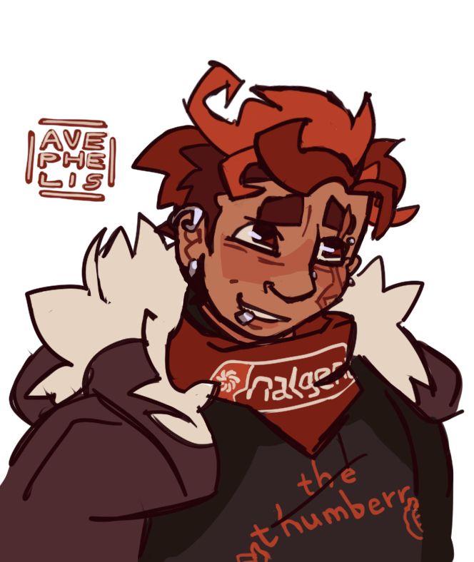 ID: A digital artwork depicting a bust of Theo Collins (or Soda), grinning sheepishly. The red bandana around his sports the Nalgene logo, and his shirt reads "the thumberr", accompanied by two thumbs-up emojis.
