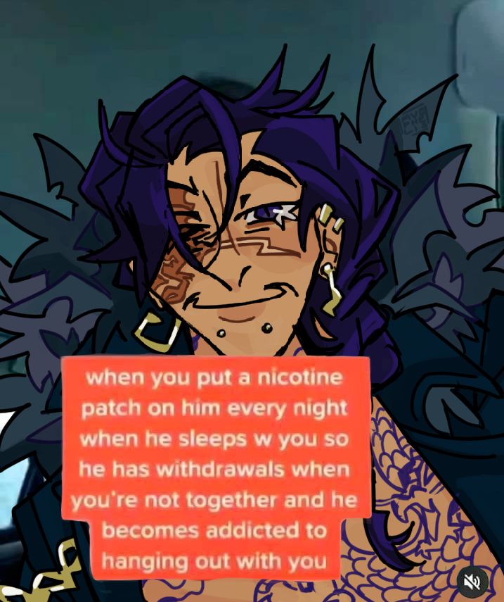 An illustration of a smiling Reuben Price over a screenshot of a TikTok. There is text in front of him which reads "when you put a nicotine patch on him every night when he sleeps w you so he has withdrawals when you're not together and he becomes addicted to hanging out with you"