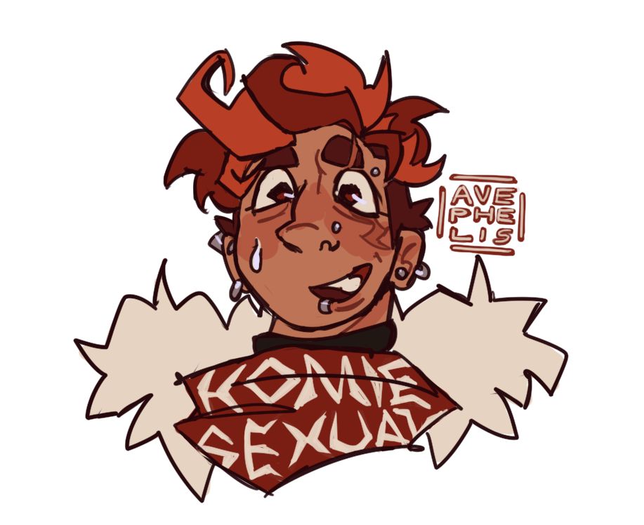 ID: A digital artwork depicting a headshot of Theo Collins (or Soda), looking flustered and nervously sweating. The red bandana around his neck reads "homie-sexual".
