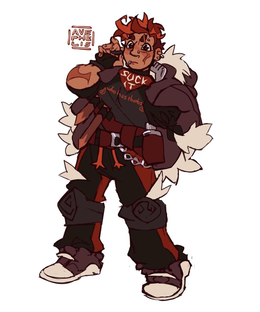 ID: A digital reference artwork depicting Theo Collins (or Soda). He stands confidently, with a scar over his right forearm and his left eye, and sports silver jewellery.
A fur-hooded jacket hangs over his shoulders like a cape, wooden stakes and a Nalgene bottle are strapped to his torso and waist, and he wears knee-pads over his pants.
The bandana around his neck reads "Suck It", and his shirt reads "who has thumbs", accompanied by two thumbs-up emojis.
A second Nalgene is held over his shoulders, and his right arm is missing from the elbow down, the sleeve of his shirt tied off below it.