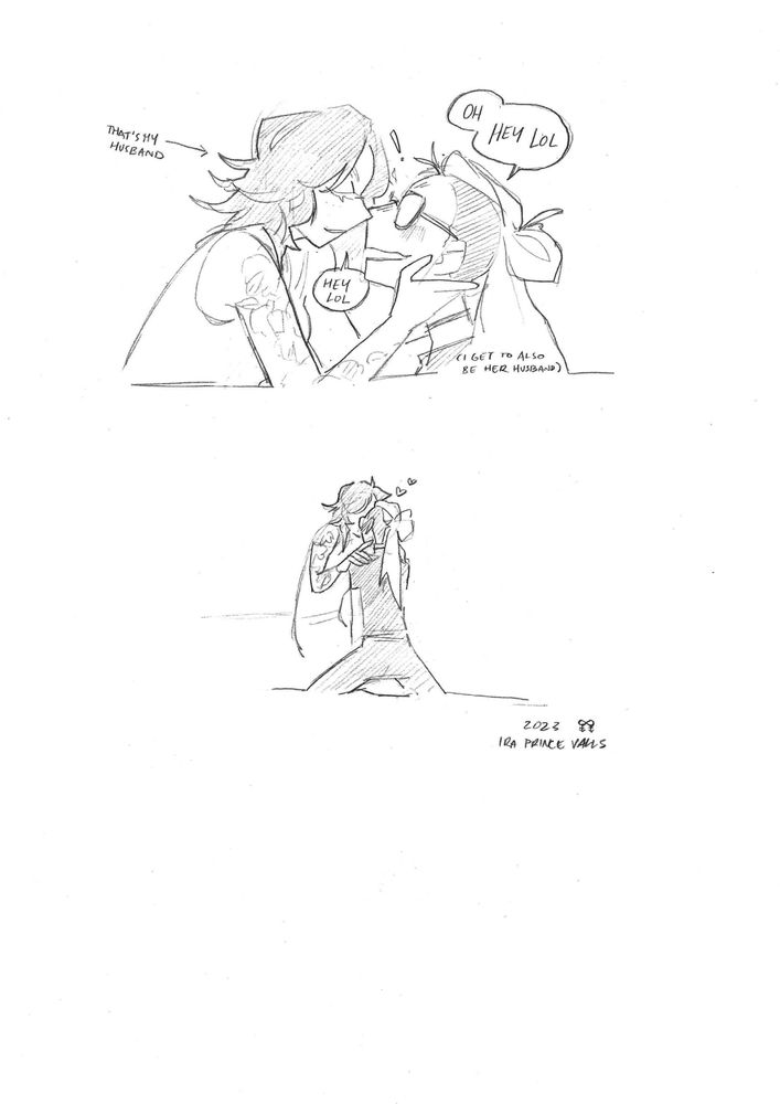 my wife (labeled "that's my husband") leans in and grabs my jaw. i (labeled "i get to also be her husband") become flustered.
ME: oh
ME: hey lol
MY WIFE: hey lol
everything zooms out, the background falls away, and my wife kisses me.
the comic is signed 2023, ira prince valls, with a tiny symbol combining the lesbian double venus and trans symbols.