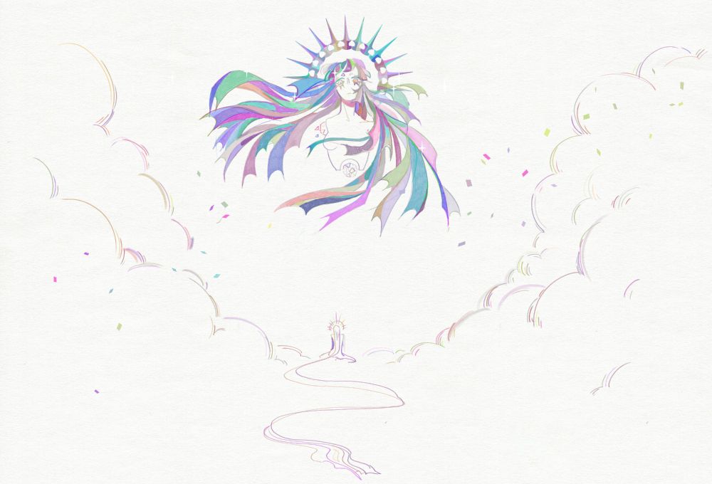 a digital drawing on an off-white background. the enormous disembodied head and ribcage of an entity with long, multicolored, ribbon-like hair floats in the air, looking down with a cold expression. she has a spiky, multicolored halo. below her kneels a much smaller figure with a much smaller halo, with long hair that stretches towards the viewer. sketchy, fluffy clouds frame the two figures.