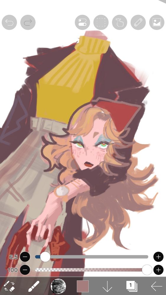 wip of a blocky digital painting. a dullan holds her head tucked against her elbow, holding a red leather glove in her hand. He has feathered blond hair, very pink-toned skin, blue eyeshadow and brick-red lipstick, and a red bandanna tied around his head. he wears a mustard yellow turtleneck, plaid pants, and a long brown leather jacket.