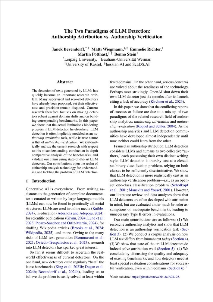 The first page of our paper "The Two Paradigms of LLM Detection: Authorship Attribution vs. Authorship Verification"