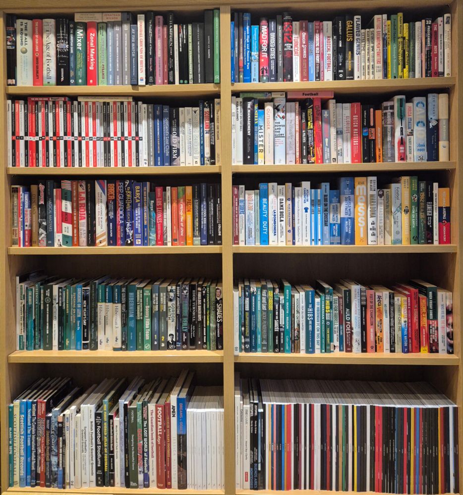 Bookshelves full of football books, magazines and publications 