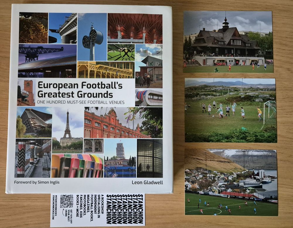 A picture showing Europe's Greatest Grounds book and accompanying postcards