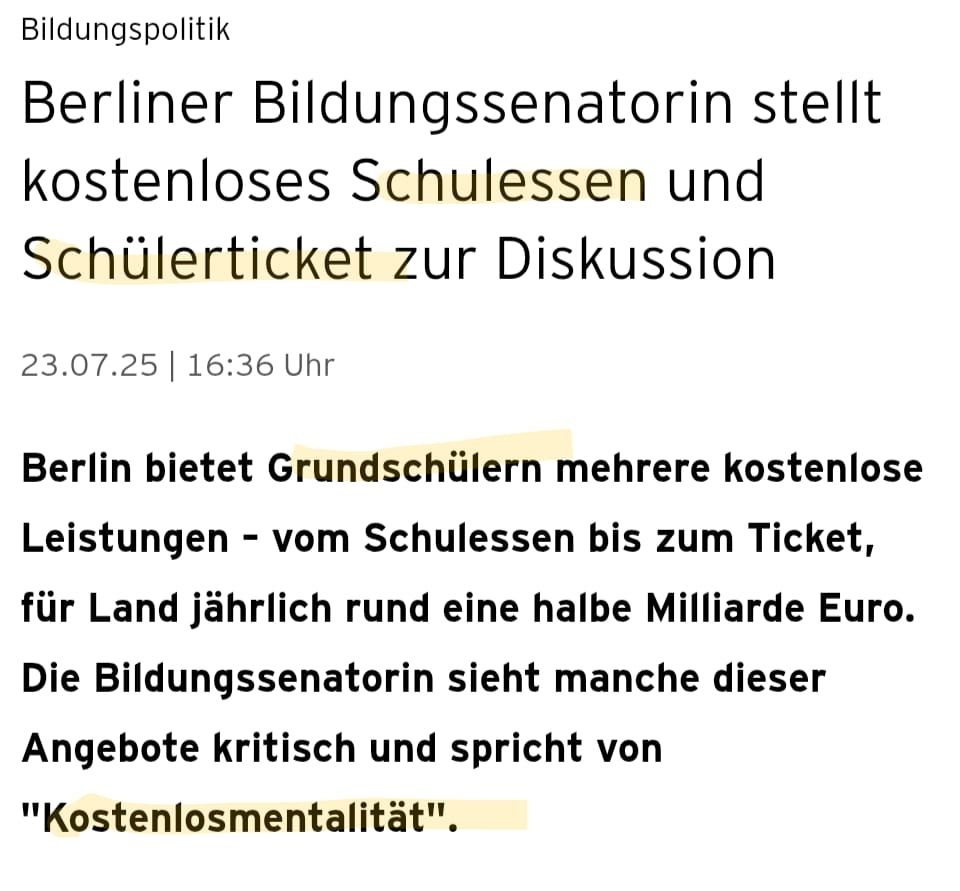 Berliner Bildungssenatorin stellt kostenloses Schulessen und Schülerticket zur Diskussion 

Berlin bietet Grundschülern mehrere kostenlose Leistungen - vom Schulessen bis zum Ticket, für Land jährlich rund eine halbe Milliarde Euro. Die Bildungssenatorin sieht manche dieser Angebote kritisch und spricht von "Kostenlosmentalität". 
