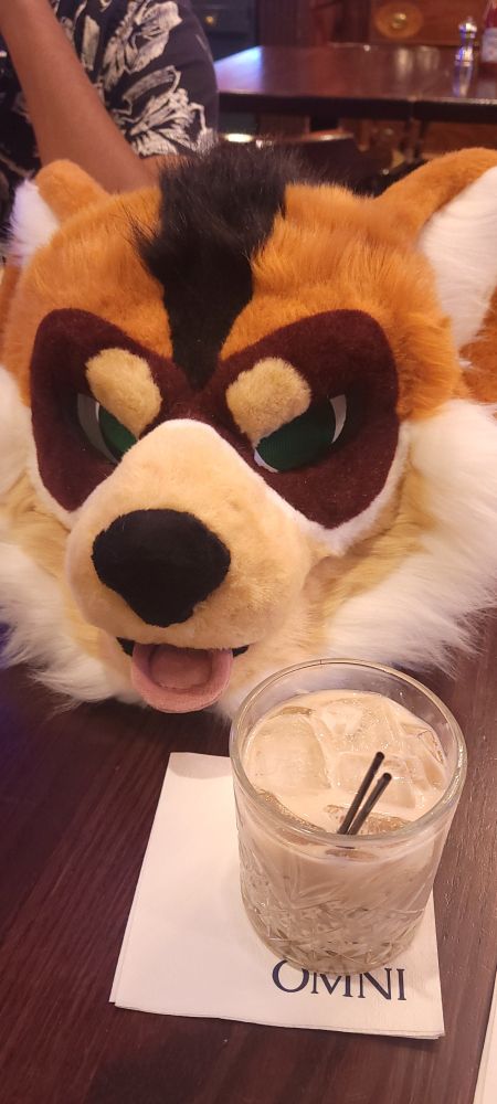 Pine marten fursuit head looking pretty next to a very nice white Russian 