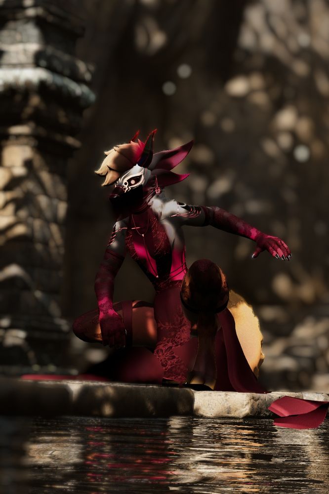 My new Origin vrchat model crouching atop stones that are over water. The model is wearing a silk desert-style dress, and looks forward with piercing eyes