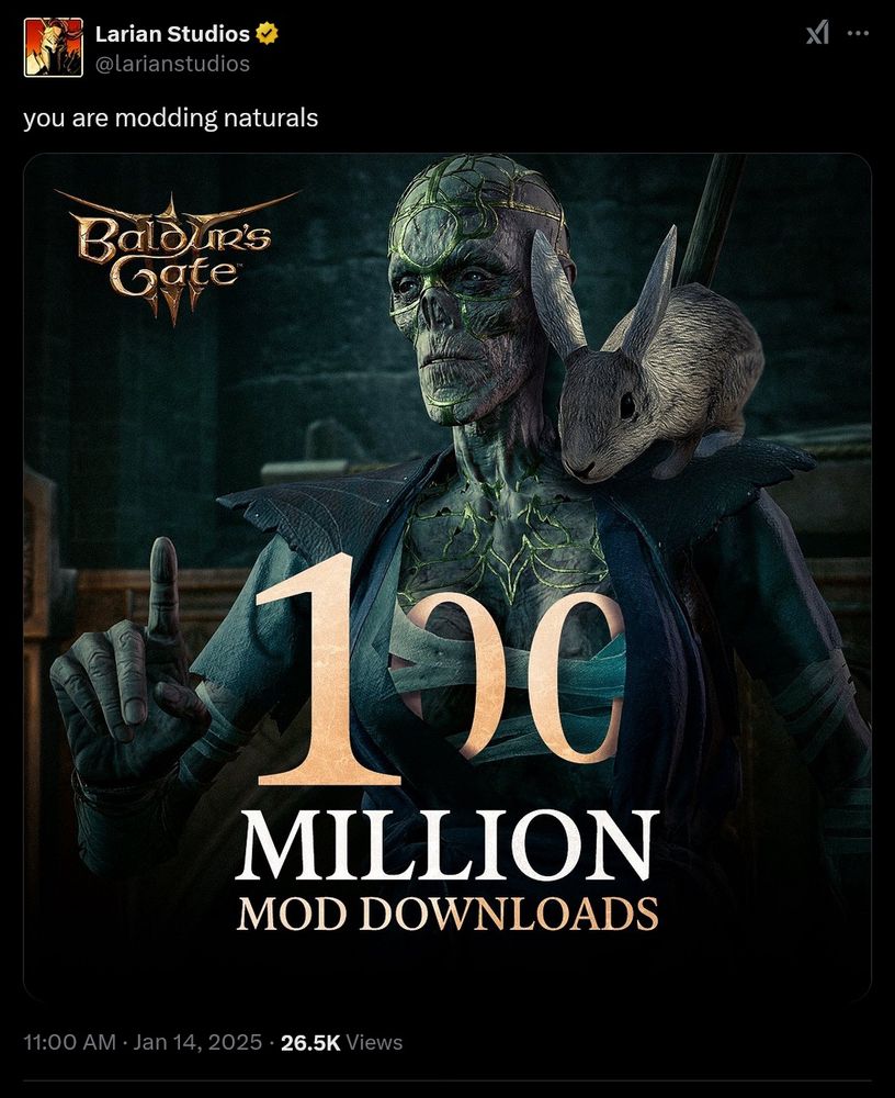 Post do Twitter da Larian studios celebrando 100 milhões de downloads de mods usando uma imagem do mod do Withers com peitão