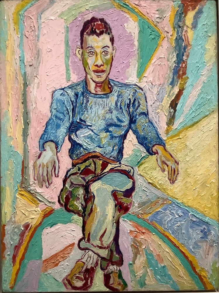 Colorful painted portrait of James Baldwin, seated