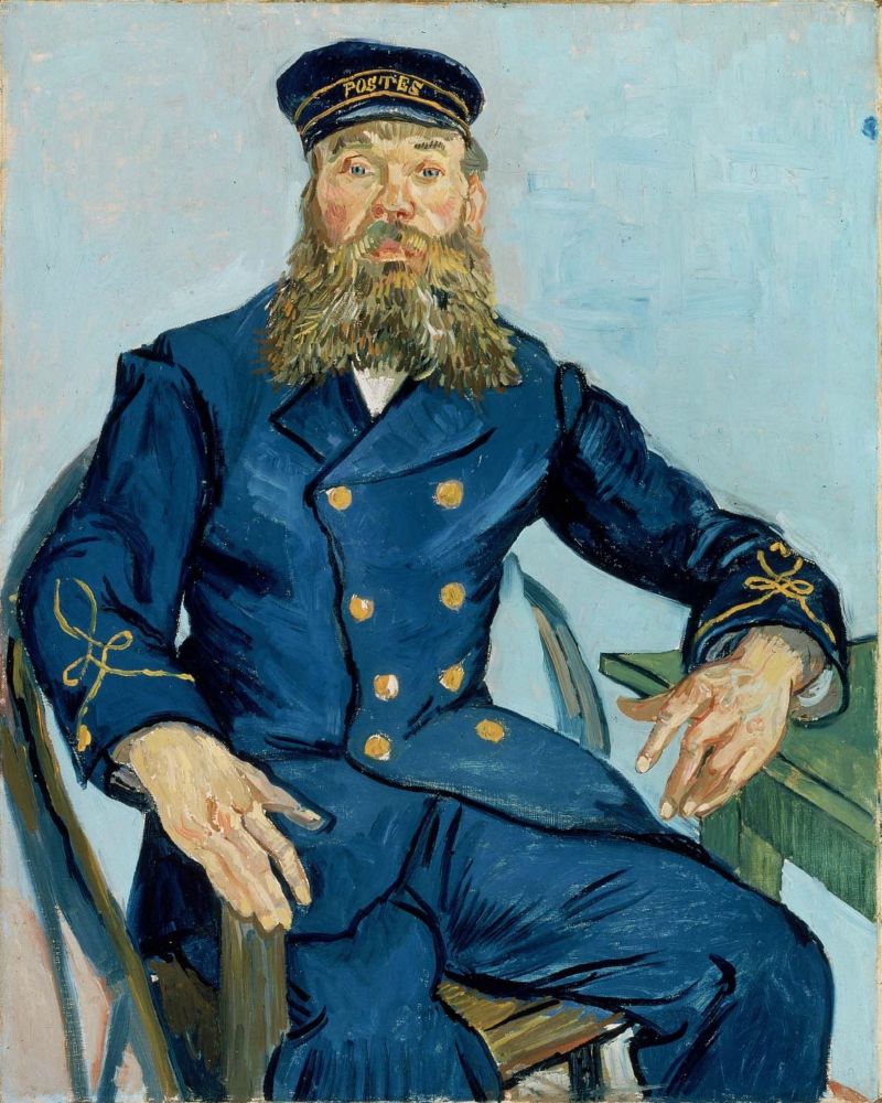 Painted portrait of a bearded man in a postal uniform sitting in a chair
