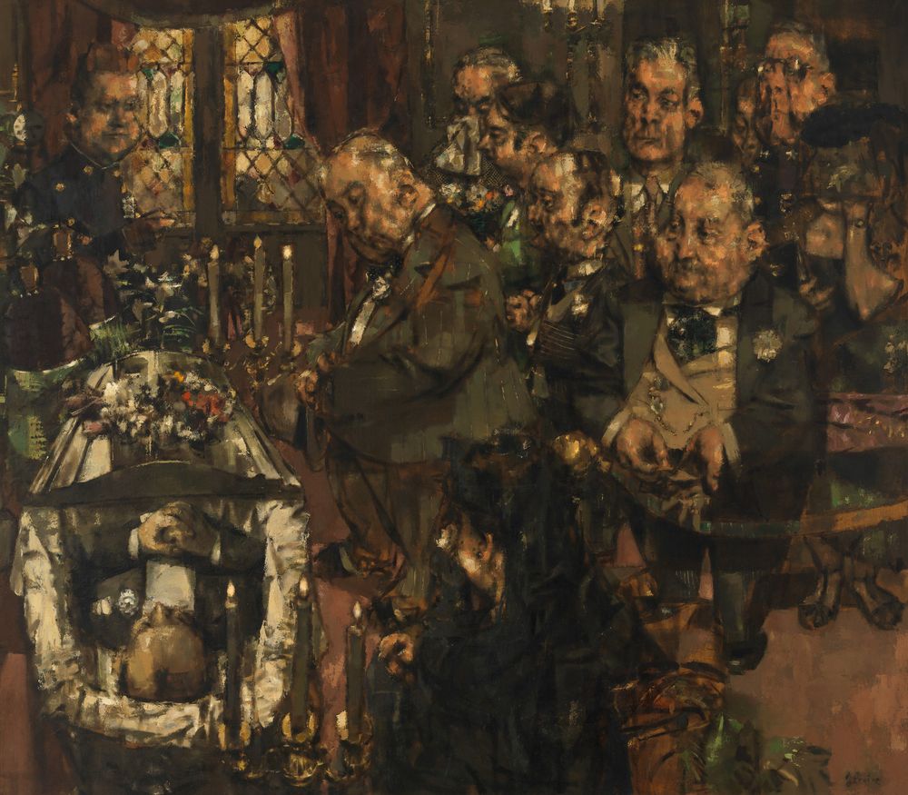 Painting in dark, muddy colors of a funeral scene, with men gathered around a coffin