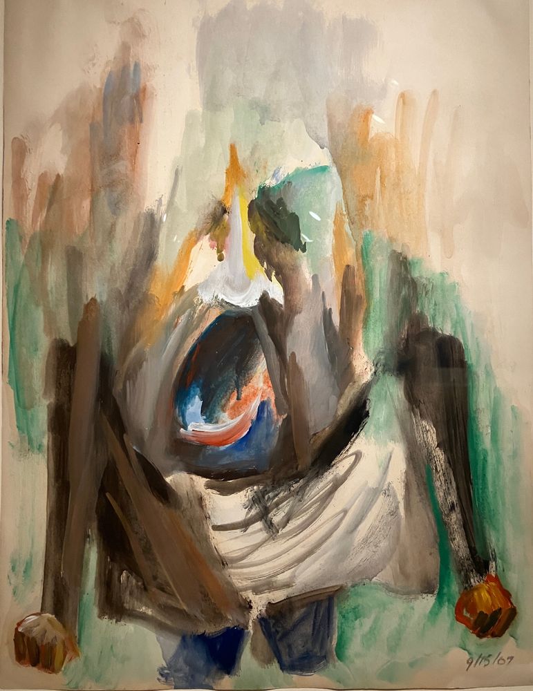 Gestural painting of man looking like he's shouting or screaming