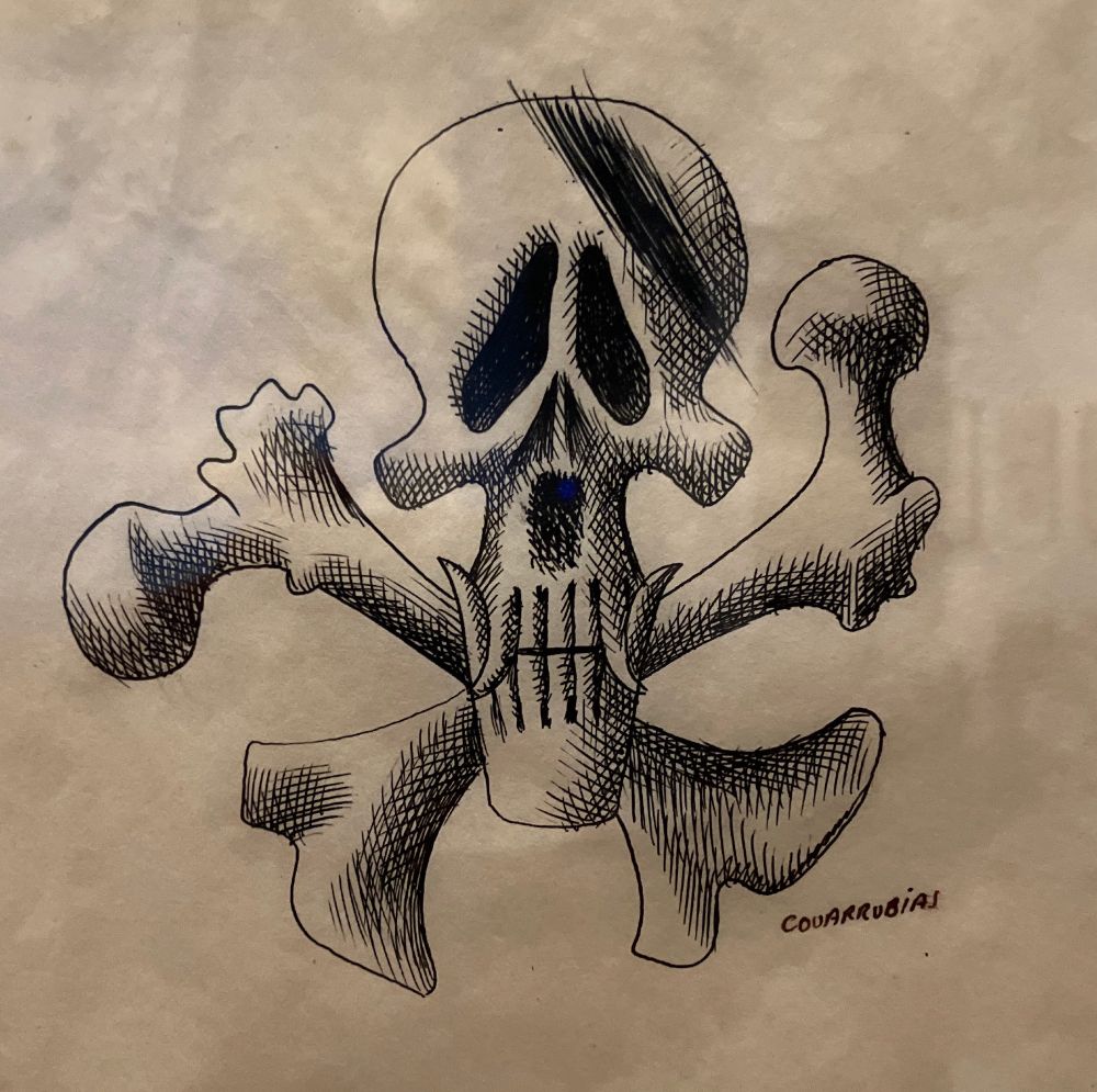 Caricature of Adolf Hitler formed from skull and cross bones