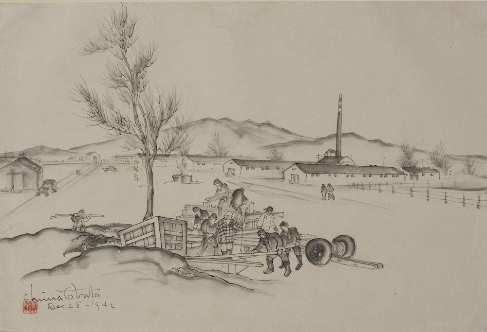 Ink drawing of a group of figures transplanting a tree, with structures and hills in the background