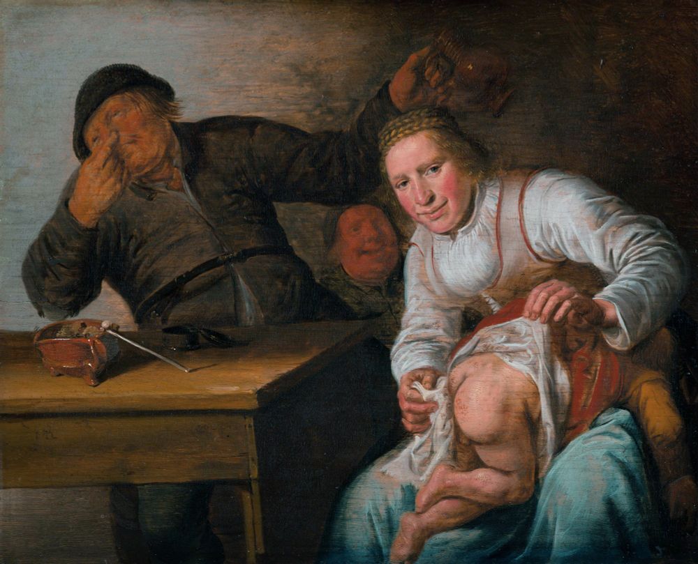 Painting of a woman with a baby in her lap, its naked butt turned up. She's cleaning the baby's dirty butt. A man stands nearby, holding his nose. And people say art history is boring. Hello!