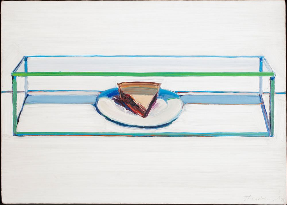 A painting of a single slice of pie on a plate, in an overly long, horizontal vitrine