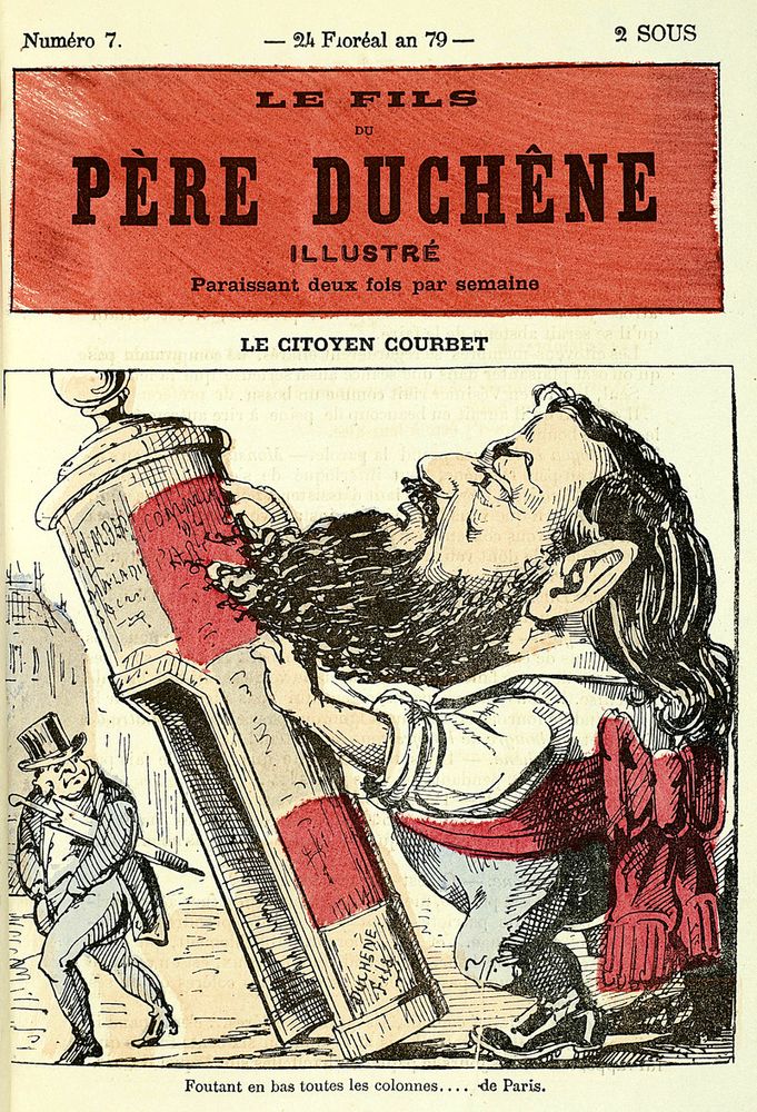 Caricature of Gustave Courbet pulling down a column-like public toilet