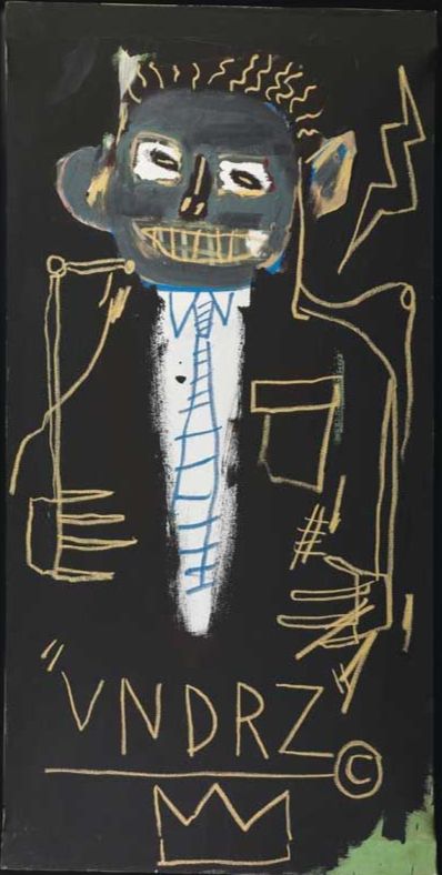 Simplified portrait of a man, wearing a tie, with caption "VNDRZ," crown, and copyright symbol below