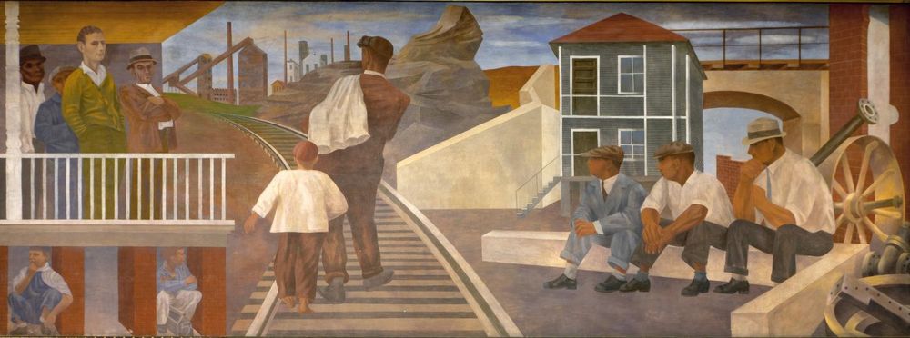 Long horizontal mural composition, including vignettes of two figures walking along train tracks, men sitting on a beam, men standing on a balcony