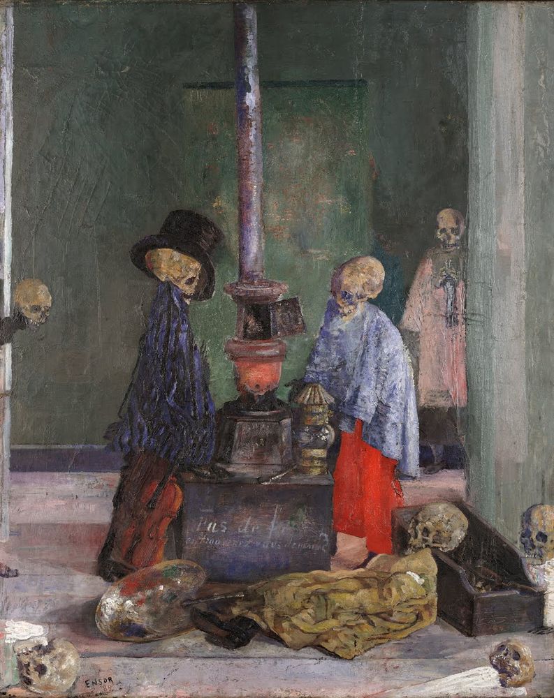 Painting of three dressed-up skeletons in the foreground around a stove on which is written “Pas de feu” and under it “en trouverez vous demain?”—“No fire. Will you find any tomorrow?” The skeletons are accompanied by a palette and brush, a violin, and a lamp, with skulls placed in various other places