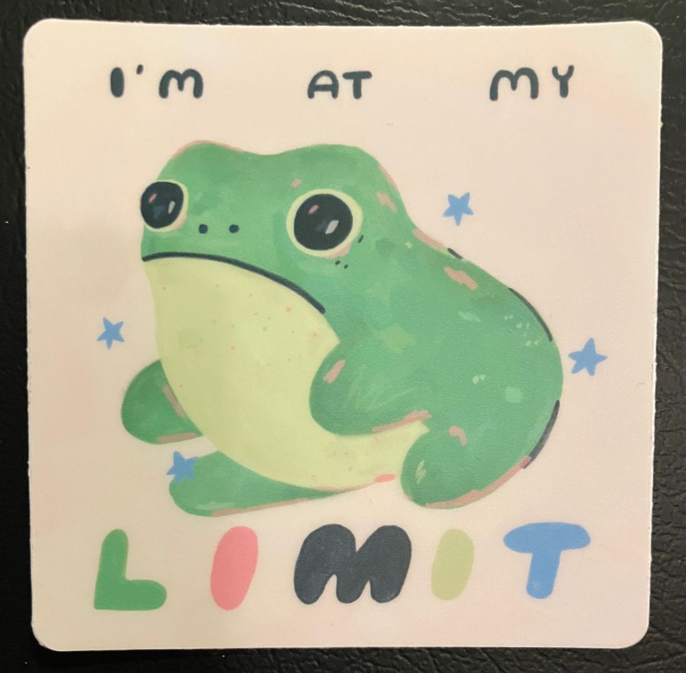 Cute cartoon frog surrounded by text, "I'm at my limit"