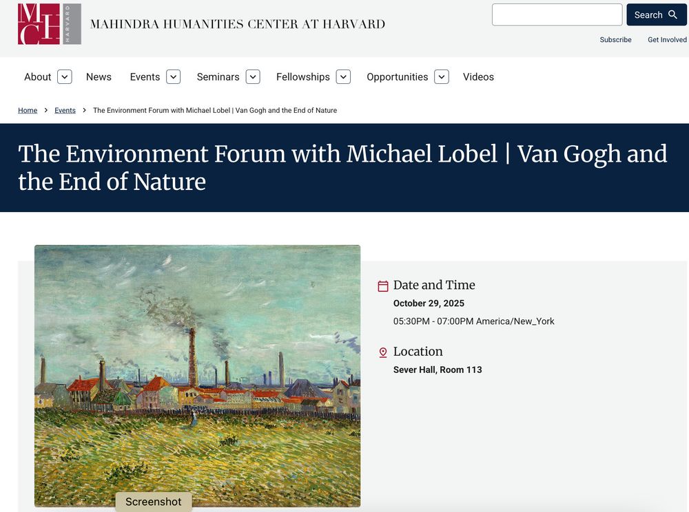 Screen shot of lecture announcement at Harvard's Mahindra Humanities Center: Michael Lobel, Van Gogh and the End of Nature