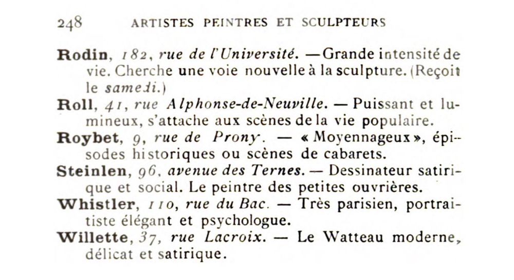 A list of artists' studios in Paris in the early 20th century, including those of Rodin & Whistler