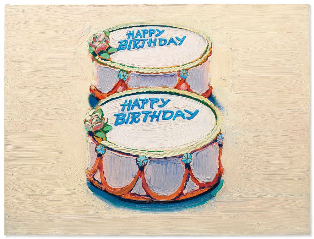 A painting of two birthday cakes, quasi-identical, with "Happy Birthday" written on each